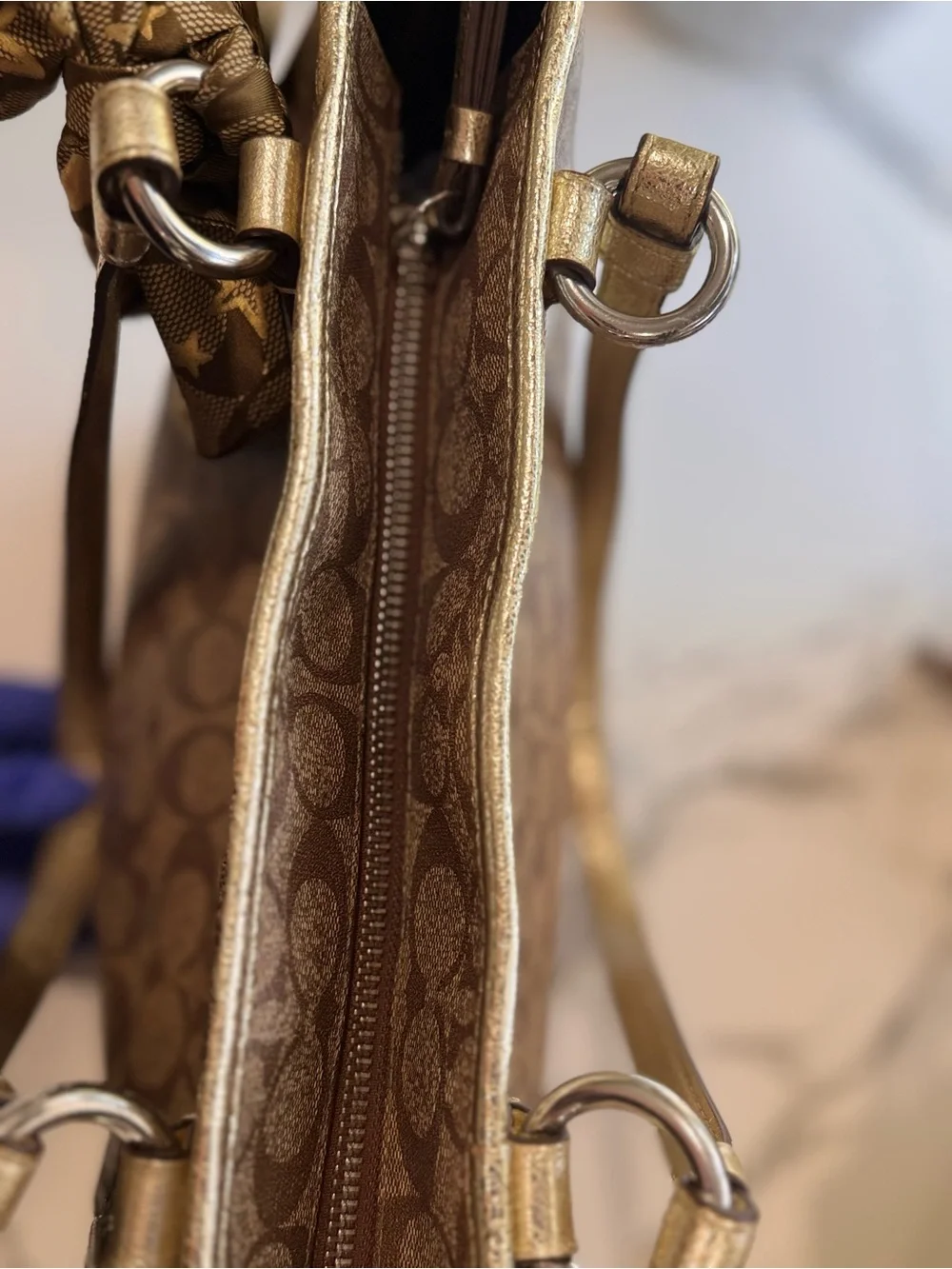Coach Signature Star Tote in Brown and Gold + Coach Scarf Twilly